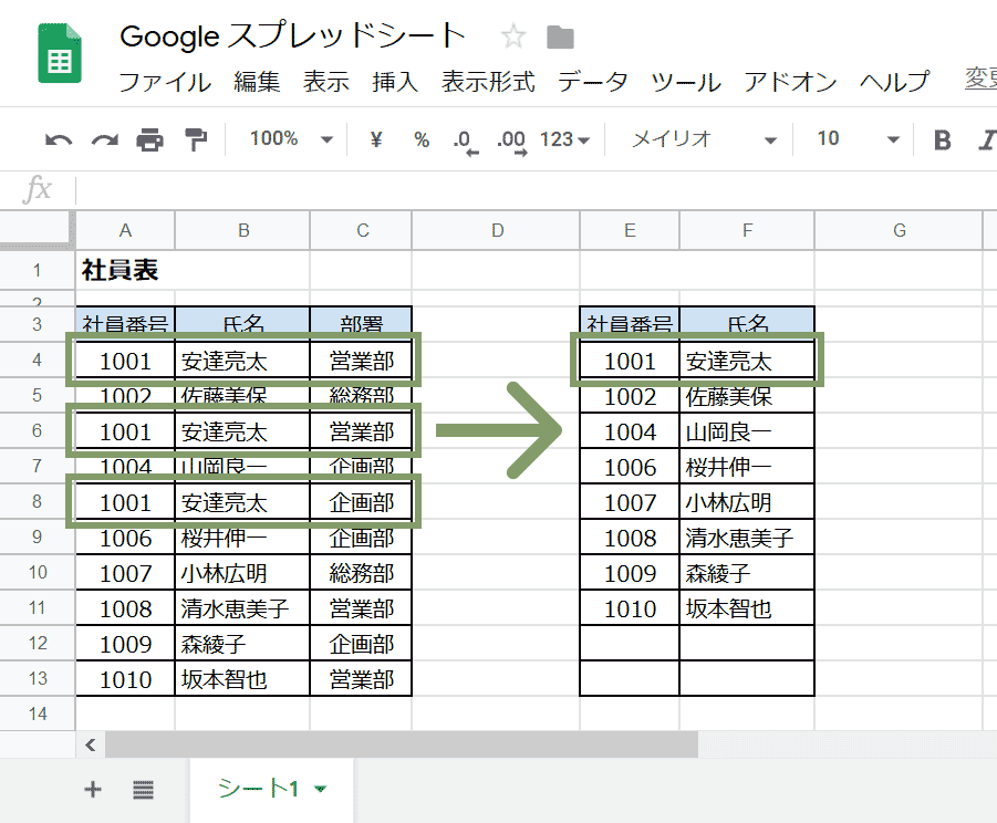 スプレッドシートで重複を削除するunique関数 スプレッドシートの使い方
