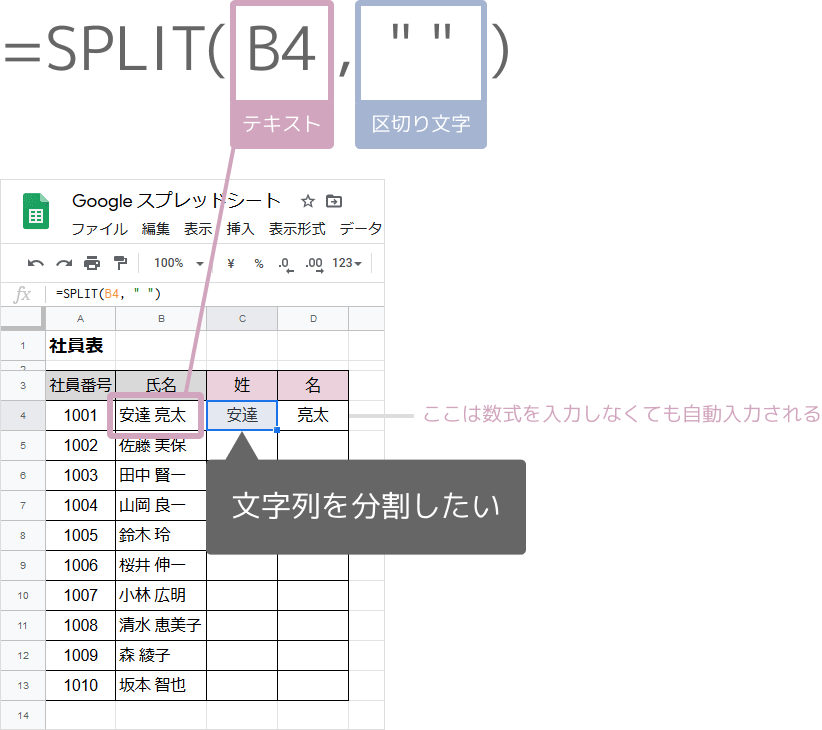 SPLIT関数の使い方（スペースで区切る）