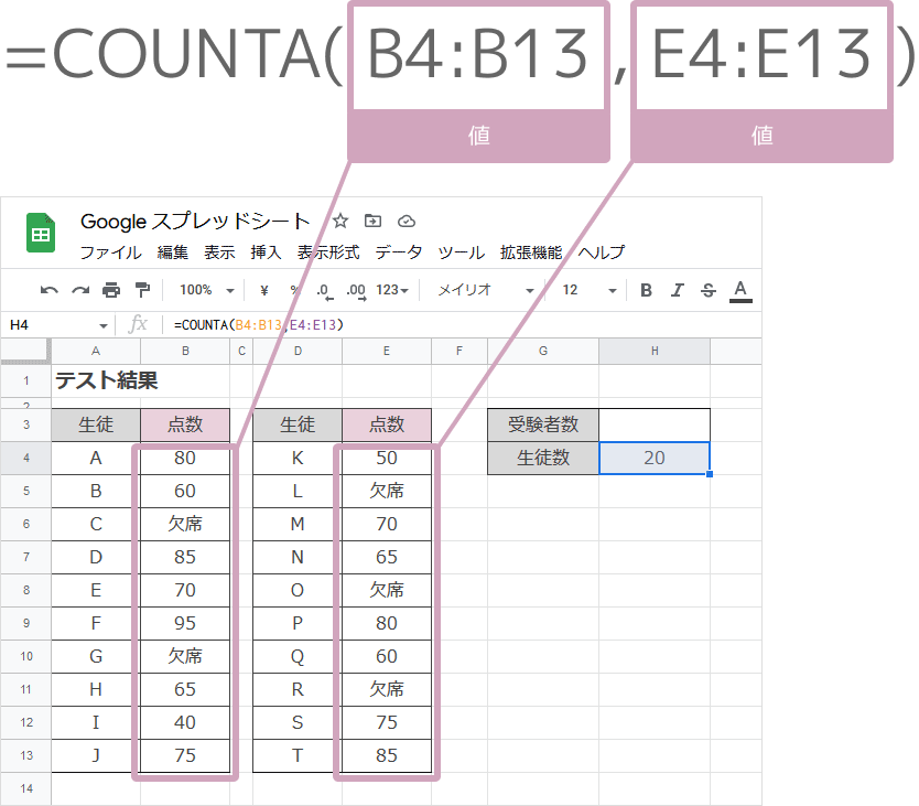 COUNTA関数で離れたセルをカウントする数式