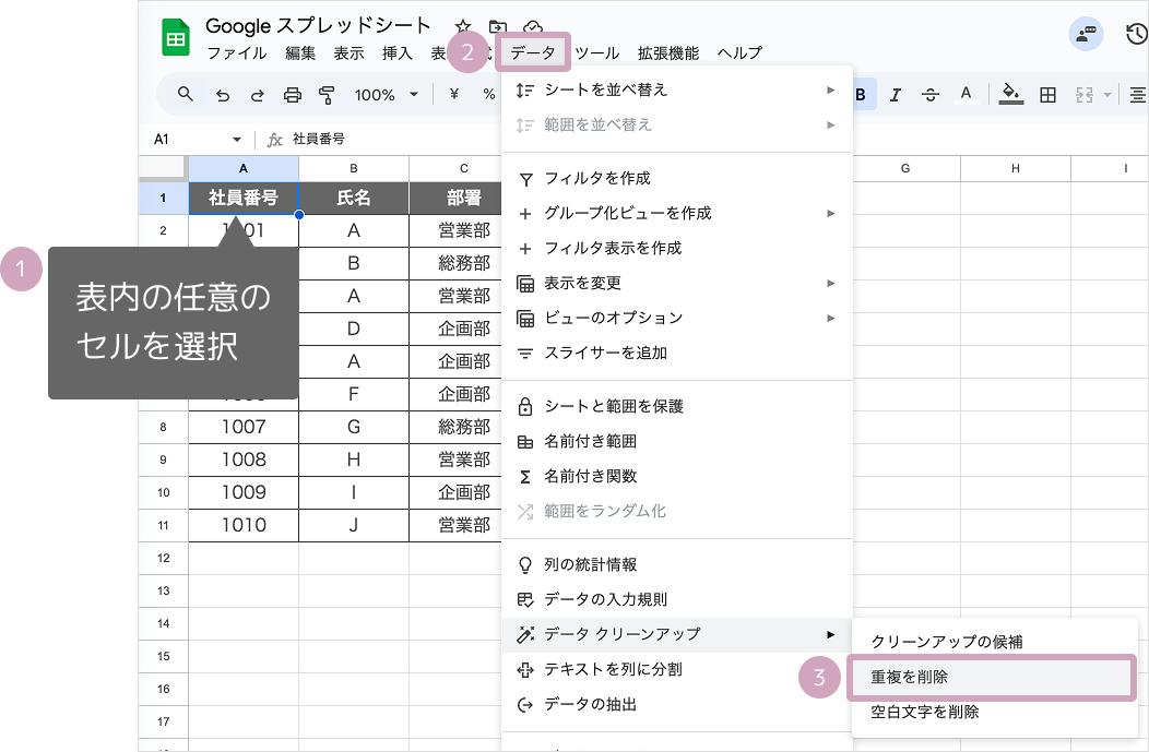 データメニューから重複を削除